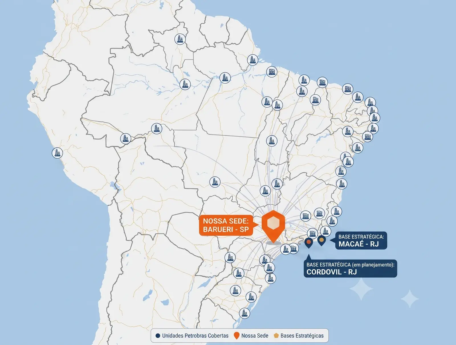 Mapa do Brasil com as unidades da Petrobras atendidas pela Entreg.Aí e a sede em Barueri (SP)