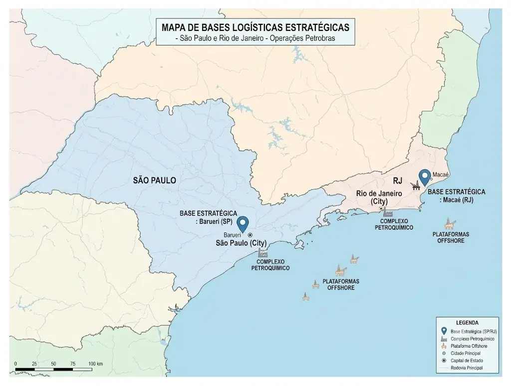 Mapa das bases estratégicas da Entreg.Aí em Barueri (SP) e Macaé (RJ) para entregas na Petrobras