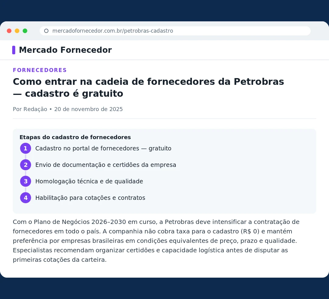 Reportagem: como entrar na cadeia de fornecedores da Petrobras — cadastro gratuito